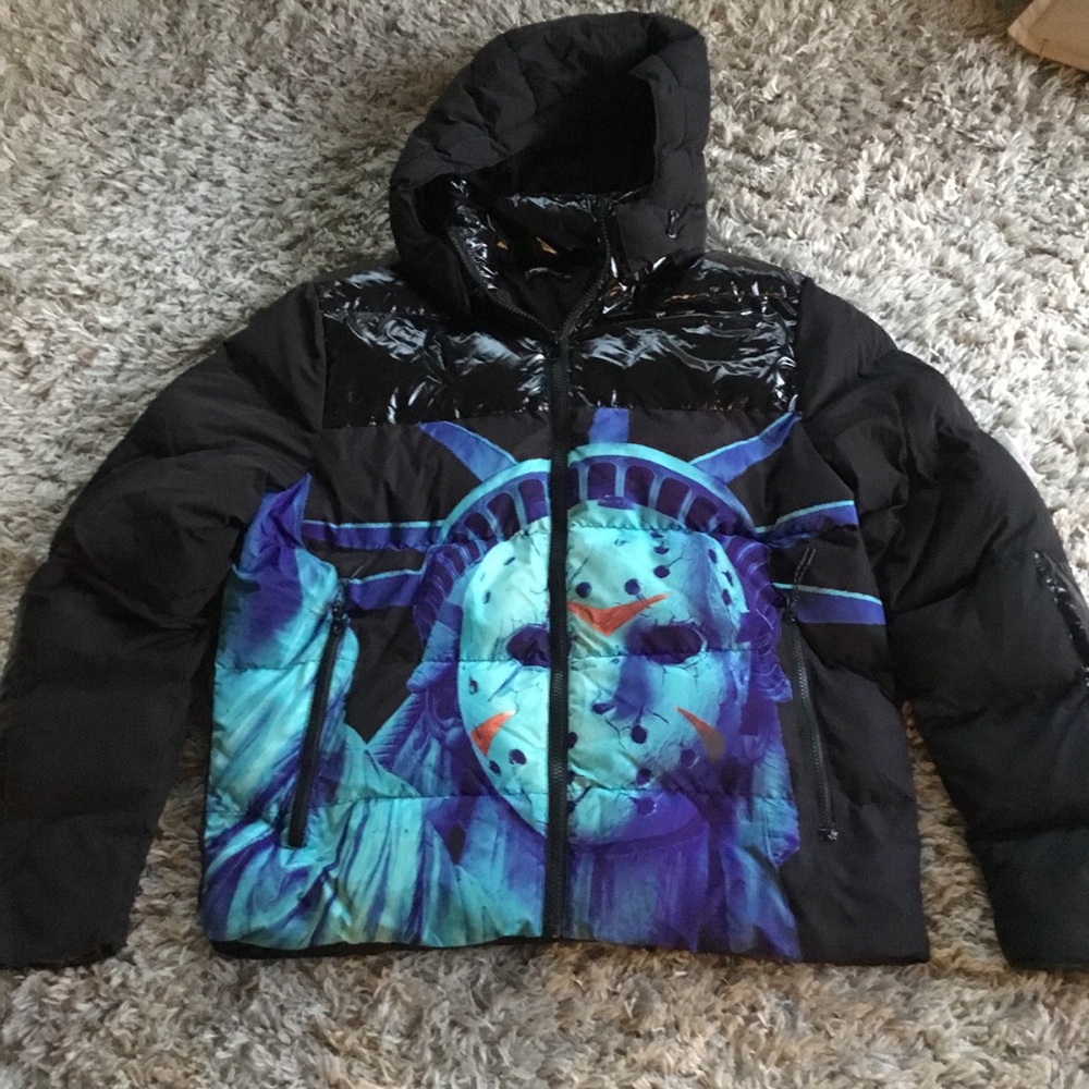 Rokustudio 2XL Black Puffer Jacket with Statue of Liberty and Mask Design
